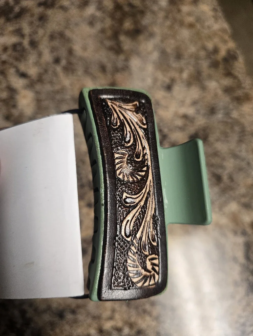 Leather Tooled Hair Claw Clip - Green with Brown Tooled Accent